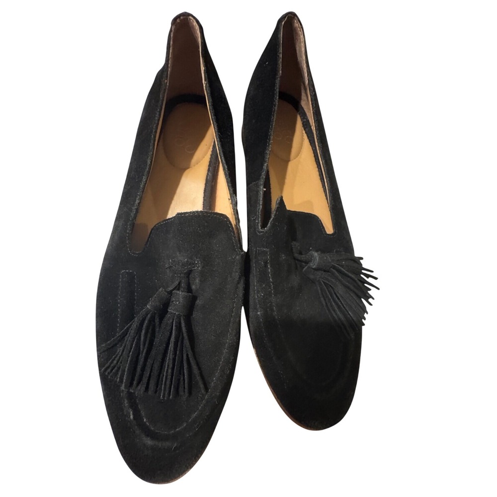 Franco Sarto‎ Black Suede Tassel Loafers Womens 9.5M Slip On Almond Toe Shoes